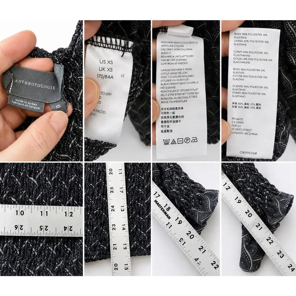 Anthropologie Black Smocked Square Neck Puff Sleeve Whimsygoth XSmall Fairy
